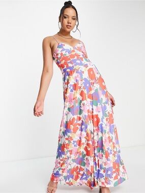 ASOS DESIGN Abstract Floral Slip Maxi Dress White Red Blue Green Petite US 8